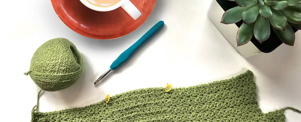 crochet hook, coffee, plant, yarn