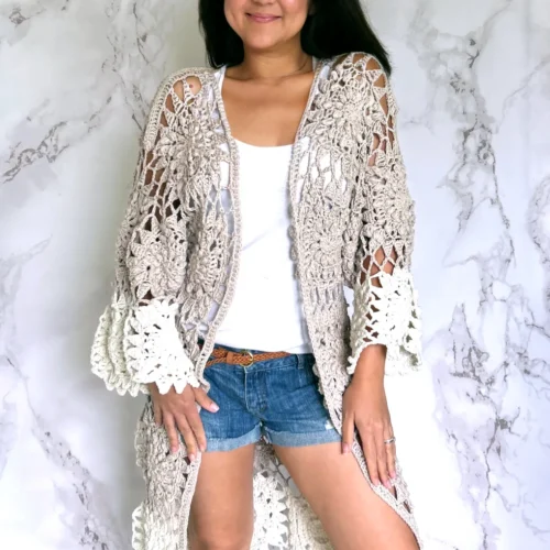 lady wearing a crochet kimono cardigan made with squares