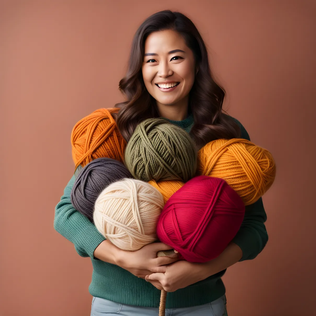 lady holding a bunch of yarns