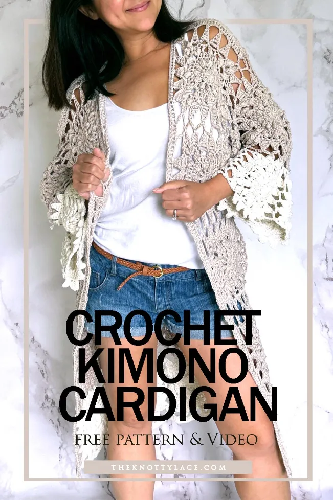 lady wearing beige crochet kimono cardigan
