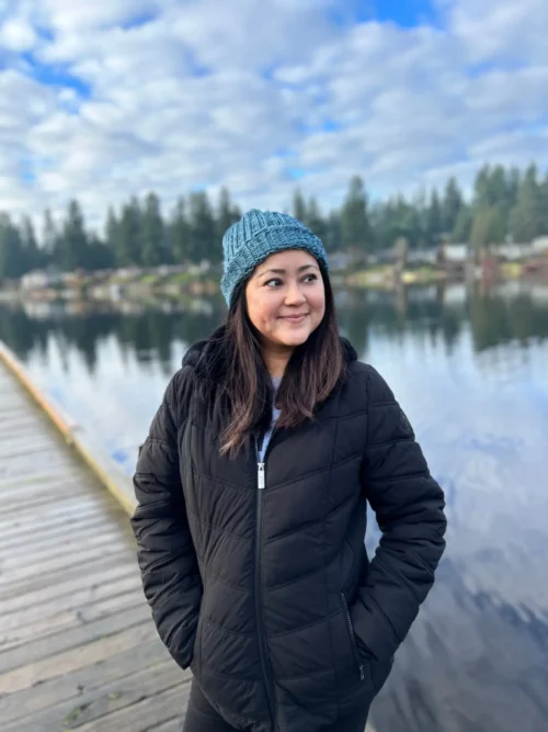 Wearing a blue crochet Beanie Hat