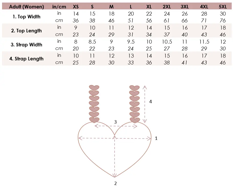 Crochet heart shape measurement chart