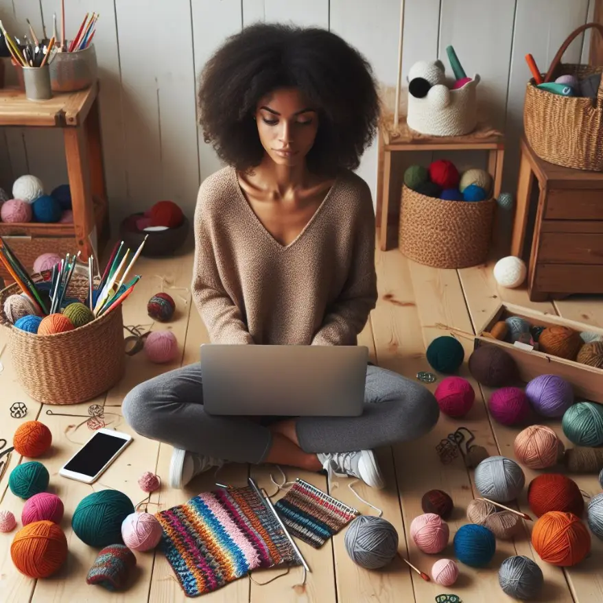 a lady on her laptop with crochet and yarn by her side