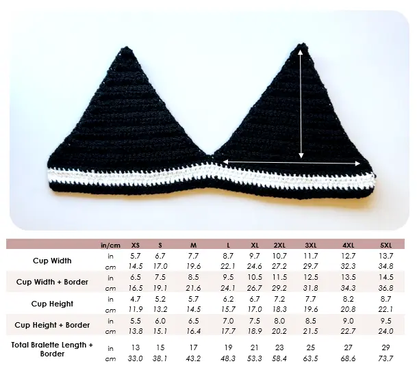 crochet penelope bralette measurement chart